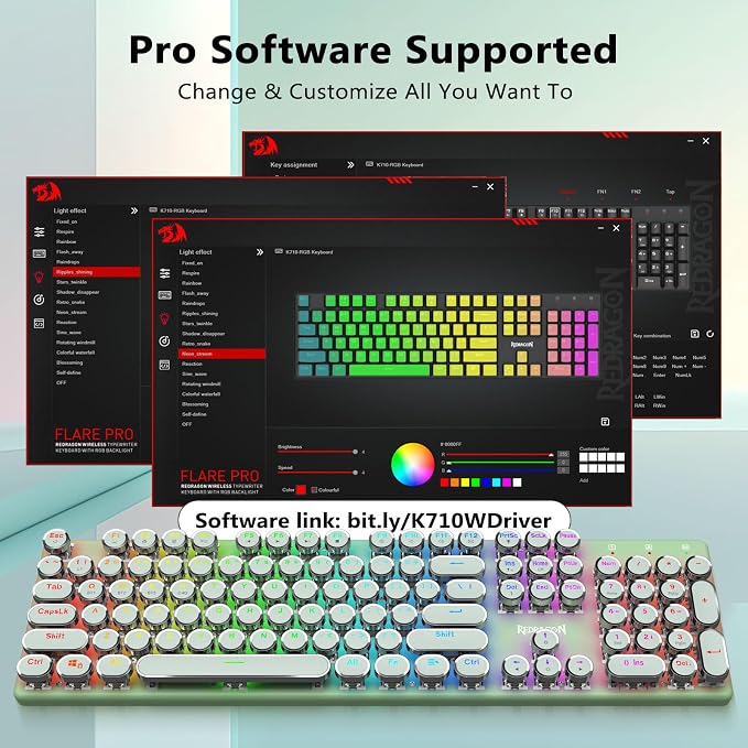 Redragon K710 Wireless Typewriter Mechanical Gaming Keyboard, Green | Bluetooth/2.4Ghz/Wired, RGB Led Backlit, Blue Switch - Clicky, Rechargeable 4000mAh, Solid Metal Panel, Round Keycaps - Image 6