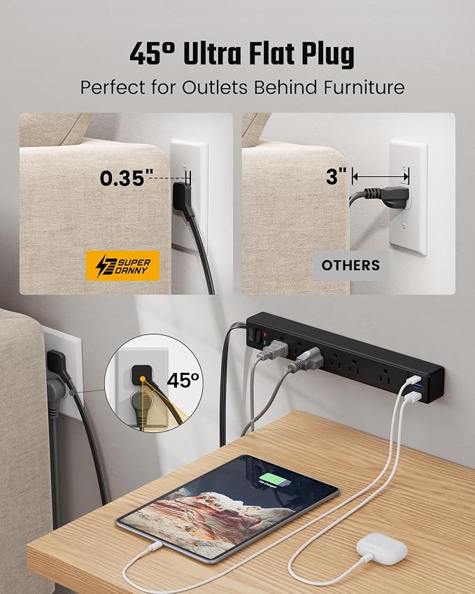 20Ft Long Extension Cord, SUPERDANNY Flat Plug Surge Protector Power Strip | 6 Outlets & 3 USB, Flat Plug Power Strip Wall Mountable, Desk Charging Station for Home, Office, College Dorm Room Essentials - Image 3
