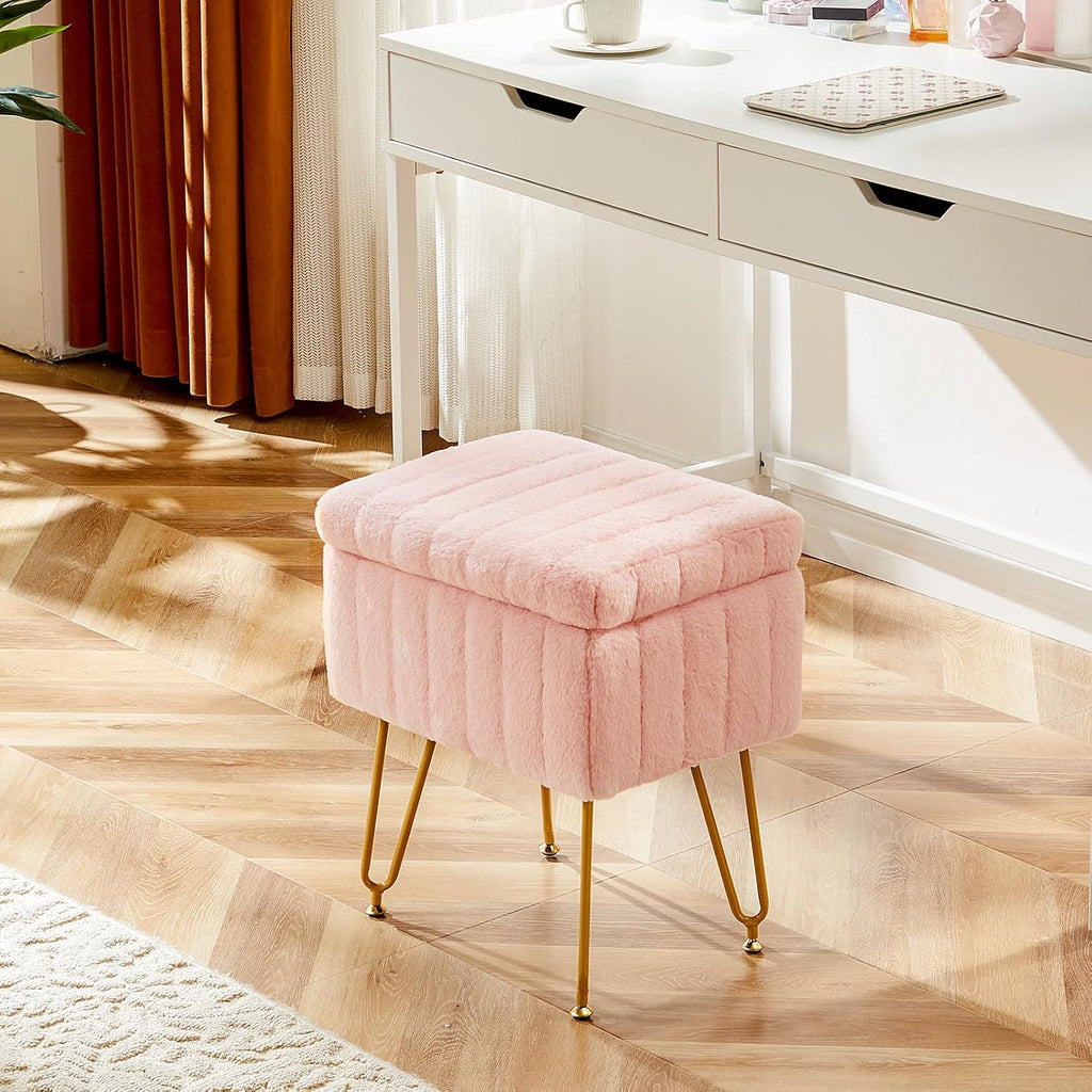Sweetcrispy Vanity Stool Chair with Storage, 18.9”H x 16”L x 12.2”W Ottoman Chair Faux Fur Soft Padded Makeup Footstools Seat with 4 Metal Legs Anti-Slip Adjustable Feet for Make Up, Pink - Image 2