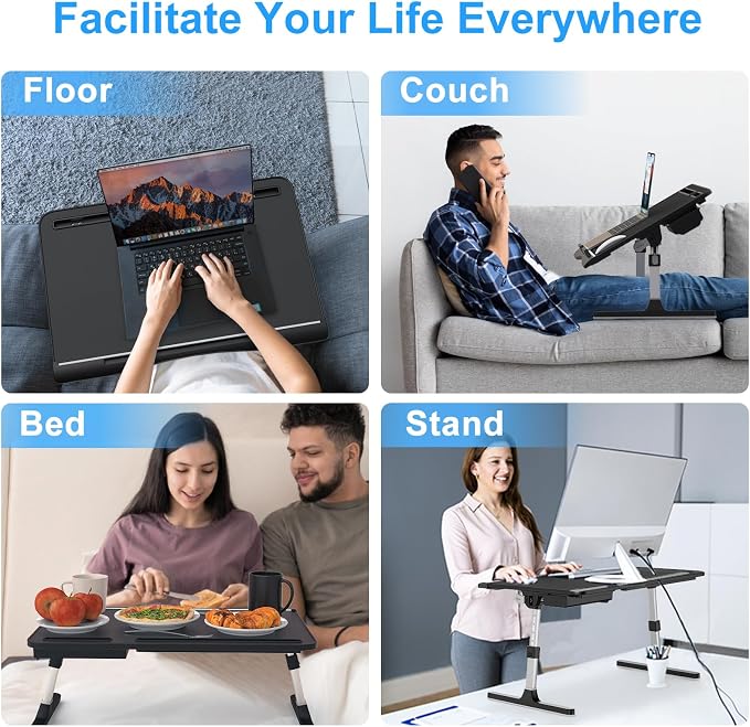 HETTHI Laptop Stand for Bed, Adjustable Leather Bed Desk with Foldable Legs, X-Large Laptop Bed Table Tray with Drawer for Bed Couch Floor Writing Working Reading Eating Painting (Black, 23.6"×15.7") - Image 6