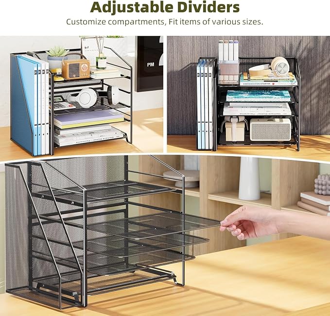 Simple Trending 5-Tier Desk File Organizer, Paper Organizer, Black | Adjustable Letter Trays, Side File Shelf, Durable Steel Mesh, Space Saving, for Home Office, 15.4"L x 9"W x 13"H - Image 6