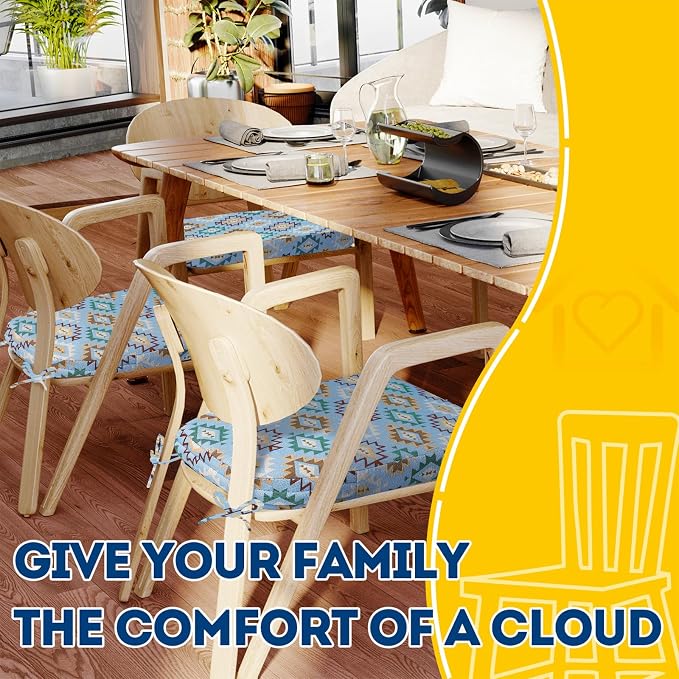AAAAAcessories D-Shaped Chair Cushions, 2" Thick Dining Chair Pads with Ties and Removable, Machine-Washable Cover, 17" x 16", Set of 6, Geometric Blue - Image 6