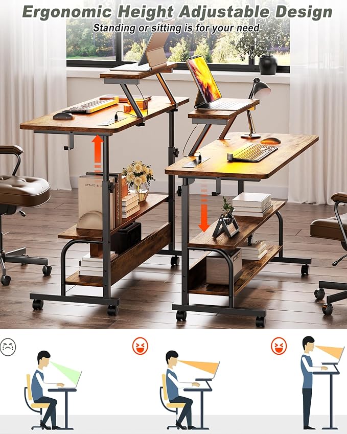 Height Adjustable Standing Desk with Power Outlets and LED Lights - 39" Manual Stand Up Desk with Monitor Stand and Storage Shelves Small Mobile Rolling Computer Desk Portable Laptop Table, Rustic - Image 4