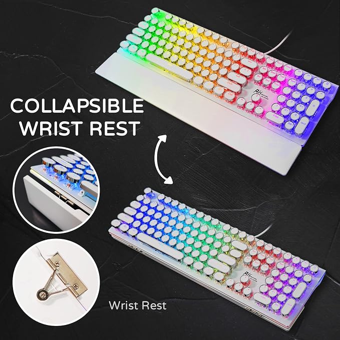 RK ROYAL KLUDGE S108 Typewriter Style Mechanical Gaming Keyboard with RGB Backlit, Wired PC Game Keyboard Full Size with Detachable Wrist Rest and Number Pad, Retro Round Keycaps, Red Switches White - Image 6