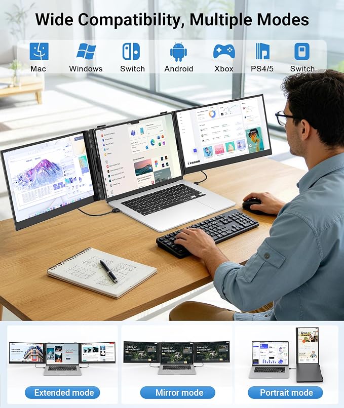 14" Triple Laptop Screen Extender, 2.2lb Ultra-Thin Portable Monitor | FHD 1080P IPS, Plug & Play USB-C/HDMI, Travel Monitor for 13”-17” Laptops, Compatible with Windows, Mac, Android, Chrome - Image 7