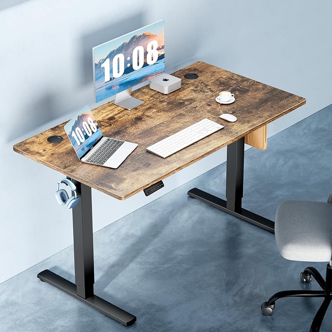 DUMOS 48 Inch Electric Standing Desk, Memory Adjustable Home Office Desk | Sit Stand Up Desk for Work Home Office,Adjustable Desk, Rising Computer Table with Splice Board,Cable Management,Hook,Brown - Image 2