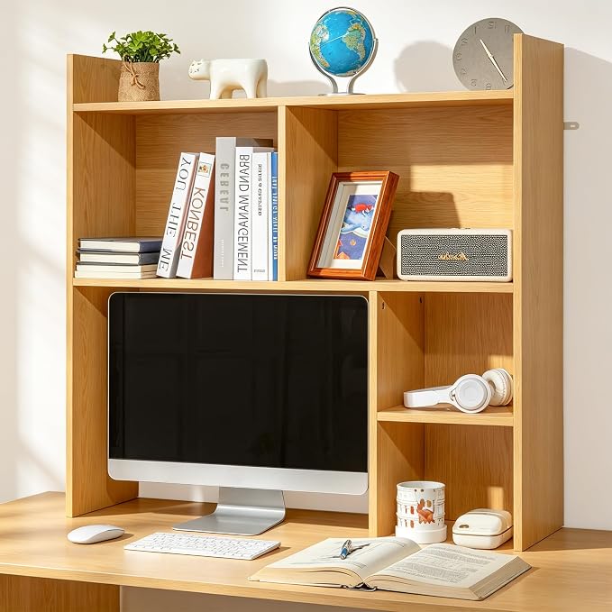 deli Desktop Shelf, Desk Hutch with 5 Shelves for Computer Desk, Natural | 3-Tier Desktop Display Rack, Multipurpose Wood Desktop Bookshelf Storage Organizer for Dorm Office Home - Image 3