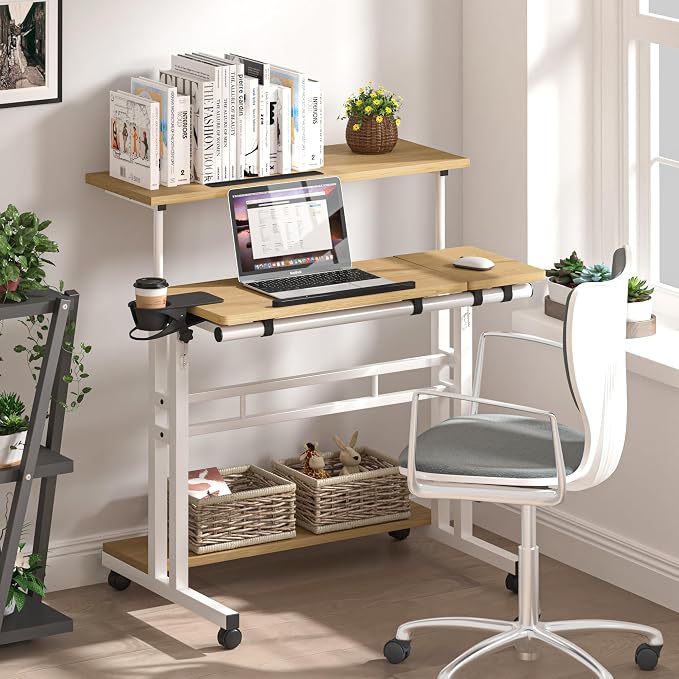 Mobile Standing Desk, Adjustable Rolling Computer Desk with 3 Desktops, Portable Laptop Table with Cup Holder, Home Office Laptop Workstation on Lockable Wheels,Khaki | Triple desktops, cup holder, lockable wheels, portable workstation, for home office - Image 2