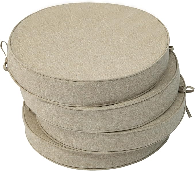 Outdoor Round Chair Cushions 15 Inch, Fade-Resistant & Water-Resistant, Bistro Chair Seat Pads for Porch Garden Balcony Patio Furniture Stools, Non-Slip Bottom, Set of 4, Natural by Unknown