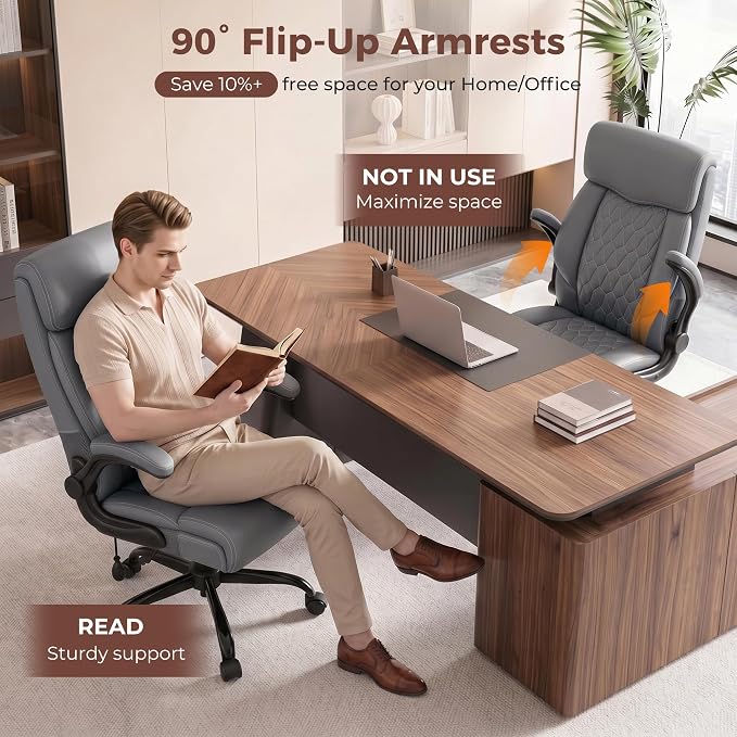 Ergonomic Office Chair with Lumbar Support, Executive Leather Computer Desk Chair with Flip Up Arms & Rocking Function, High Back Big and Tall Comfortable Gaming Chair for Home Office - Image 8