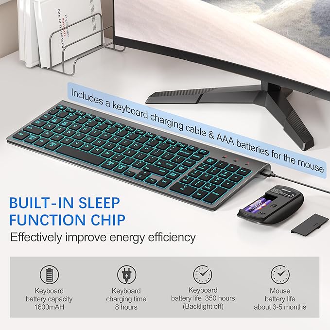 Wireless Backlit Keyboard and Mouse Ultra Slim Combo, TopMate - Gray Black | 2.4G Silent Compact 2400DPI Mouse and Scissor Switch Keyboard Set, Batteries Included, for PC/Laptop/Windows/Mac/Gaming - Image 5