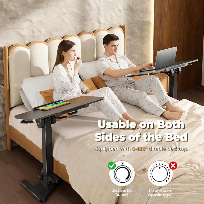 JOY worker Foldable Rolling Standing Desk, 180° Tilt Overbed Bedside Table | Height Adjustable, 31.5" Black MDF Top with Lips, Collapsible Top & Base for Storage, Poratble Mobile Desk for Home Hospital - Image 3