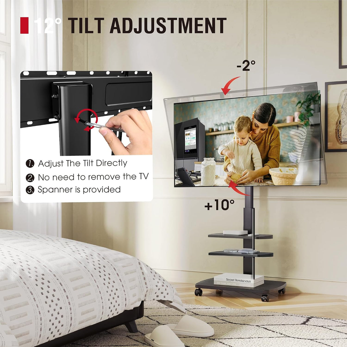 Rolling TV Stand for 32-65 Inch TVs with 2 Shelves, Mobile TV Cart on Wheels, 8-Level Height Adjustable TV Floor Stand with Swivel & Tilt Mount for Bedroom, Living Room, Office - Image 5
