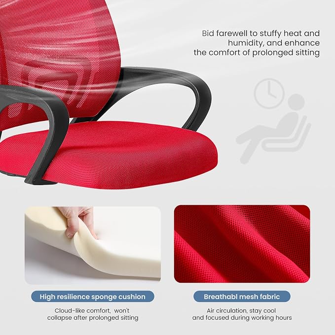 DUMOS Ergonomic Office Chair 2 Pack, Home Desk Mesh Chair, Lumbar Support | Mid Back Mesh, Height Adjustable Fixed Armrest, Rocking Mode Computer Gaming Meeting, Red - Image 6