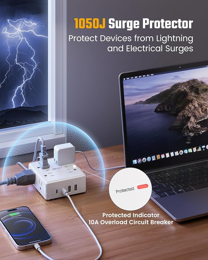 SUPERDANNY Extension Cord,Flat Plug Surge Protector Power Strip,15Ft | 8 AC & 4 USB Ports (2 USB C),Surge Protector with 1050J,Desk Charging Station for Home Office,College Dorm Room Essentials - Image 5