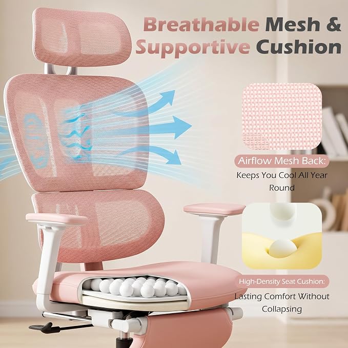 Ergonomic Office Chair with Footrest and Dynamic Lumbar Support, Pink | Reclining high-back computer chair, memory foam seat, 2D armrests, 2D headrest, mesh desk chair for home office, long hours - Image 7