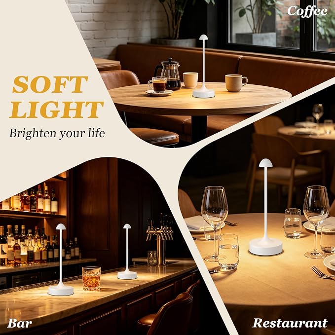 Kakanuo Rechargeable Cordless Table Lamp, Battery Operated Lamps, 3-Color Stepless Dimming, Portable Wireless Desk Lamp, LED Lighting for Dining Room, Restaurant, Office, Bar, Home(White 2 Pack) - Image 6