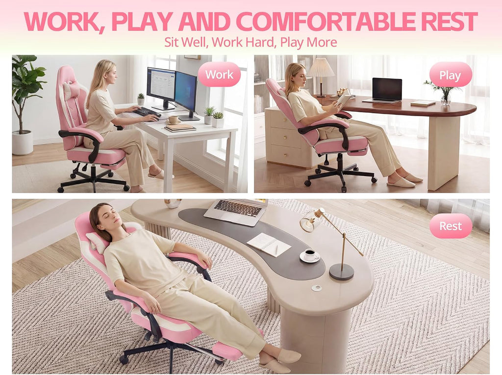 Office Desk Computer Gaming Chair for Adults, Ergonomic High Back Gamer Chair with Massage and Pocket Spring Cushion, Swivel Comfy Video Game Chairs with Footrest and Lumbar Support (Pink White) - Image 6