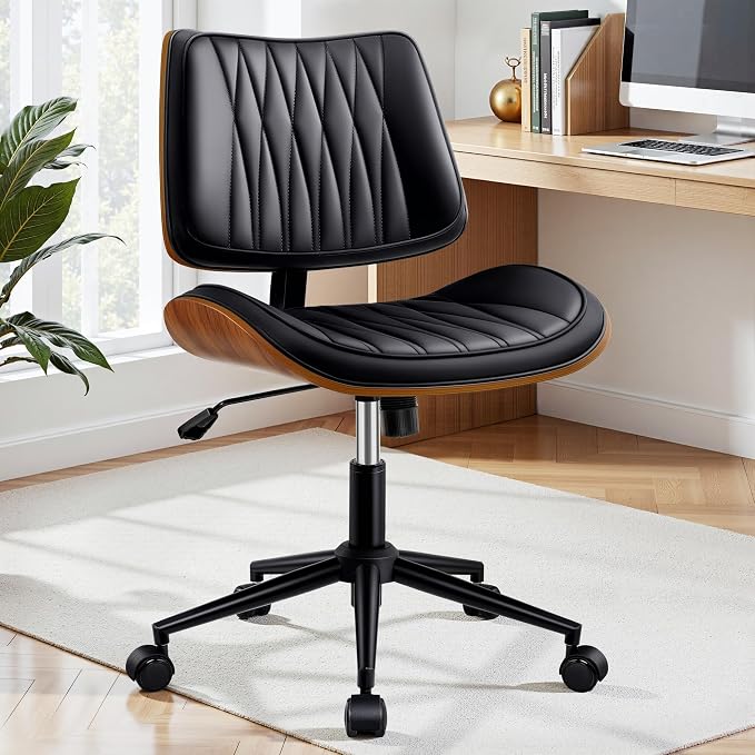 Ergonomic Armless Office Desk Chair - Mid-Century Modern Black Faux Leather with Diamond Stitch, Adjustable Height Swivel Rolling Task Computer Chair with Walnut Accent for Home Office, Study & Work by Fidom