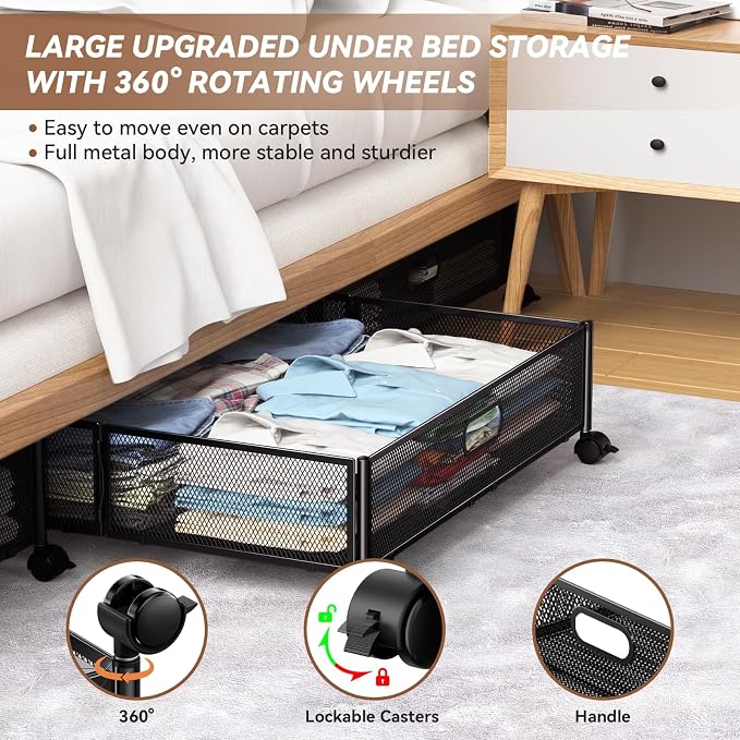 PHINOX Under Bed Storage with Wheels & Handle,Metal,Large,2 Pack,Black | Tool-free assembly, glide smoothly, easy reach, foldable, maxmazie low-profile beds, dorm, keep seasonal clothes, shoes fresh - Image 4
