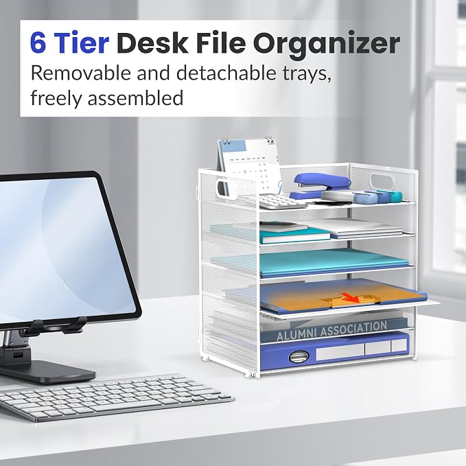 Daltack 6-Tier Paper Organizer for Desk with Handle, White, 2 Pack | Sturdy Metal Mesh Organizer with Movable Middle Trays and a Carry Handle for Papers, Folders and Office Supplies - Image 5