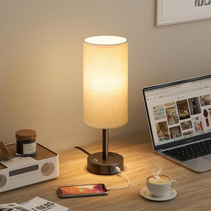 Brown Touch Bedside Lamp for Bedroom, Stepless Dimmable, USB A+C, AC Outlet | Base Touch Button Only, Memory Brightness, Ultra-dim Night Light, Included Bulb for Optimal Dimming, Beige Fabric Shade, Desk - Image 8