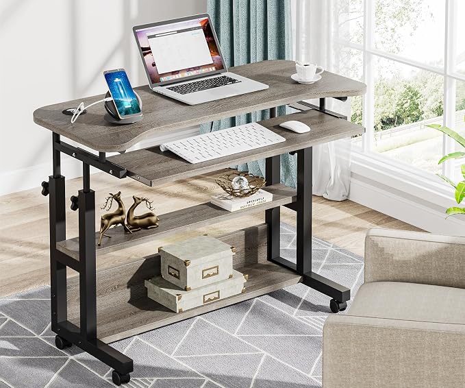 Tribesigns Portable Desk with Power Outlets, Height Adjustable Side Table Sofa Couch Bedside Laptop Computer Cart with USB Charging Ports, Mobile Small Standing Desk with Keyboard Tray by Unknown