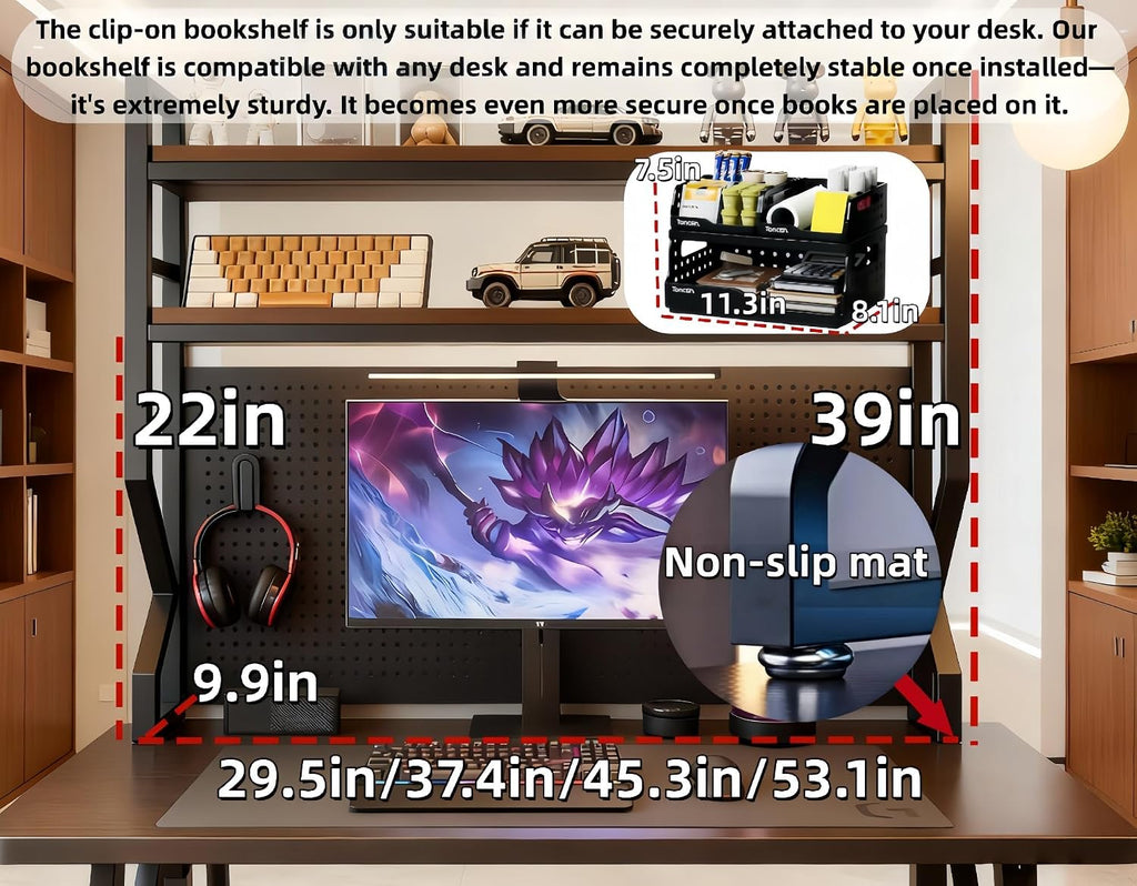 Desktop Hutch Bookshelf,Many Gifts,Metal Desktop Bookcase with pegboard, Desk Shelf Brown, Countertop Storage Organizer Rack for Dorm or Office,Desktop Shelves (Walnut+Black, 45.3" Lx9.9 Wx39 H) - Image 2