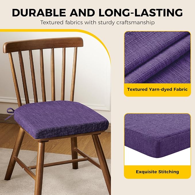 downluxe Indoor Chair Cushions for Dining Chairs, Soft and Comfortable Textured Foam Kitchen Chair Pads with Ties and Non-Slip Backing, 16" x 16" x 2", Purple, 4 Pack - Image 6
