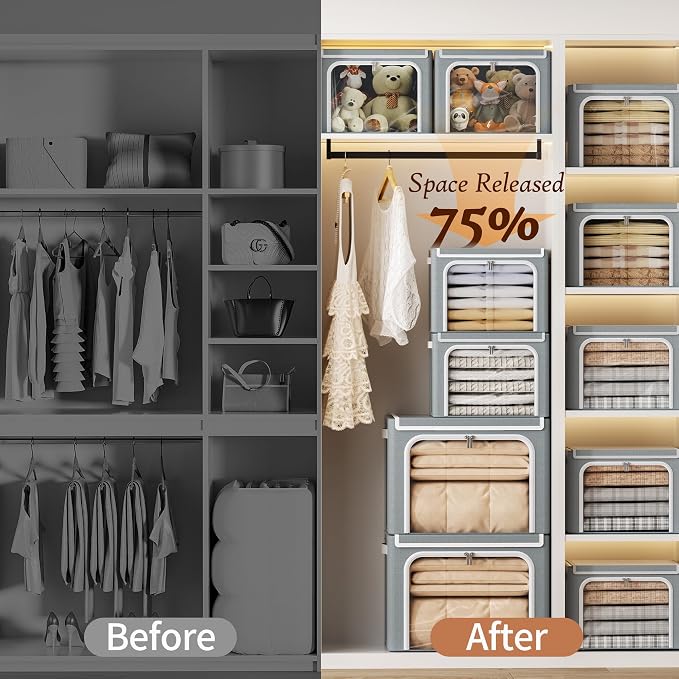 Yecaye Stackable Clothes Storage Bins with Lid, Grey, 40L, 6 Pack | Metal Frame, Foldable, Clear Window & Zippers & PU Leather Handles - Image 5