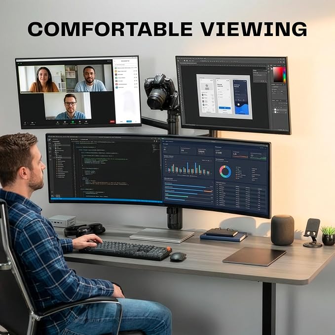 VIVO Quad Ultrawide Wall Mount, Heavy Duty Pneumatic Arm Monitor Station, Fits Four 38 inch Screens, Pneumatic Height Adjustment and 140lb Weight Capacity, Black, MOUNT-V400D - Image 7