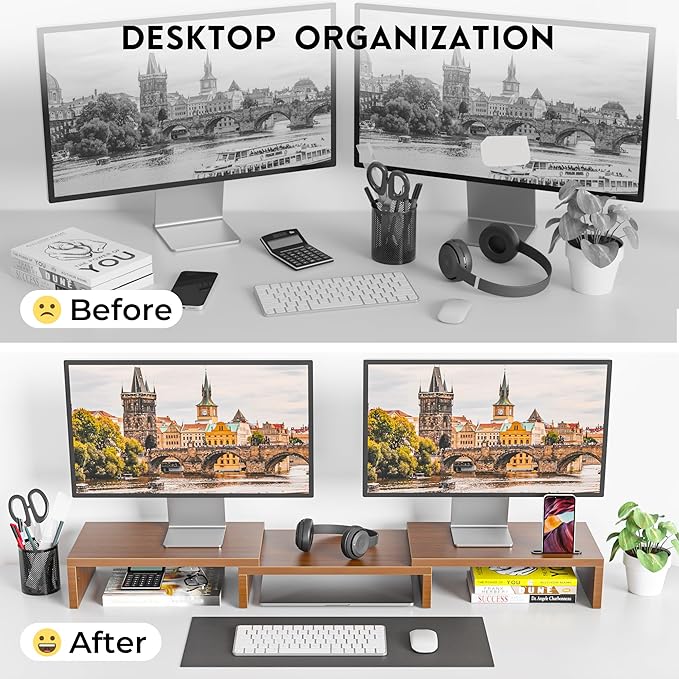 BONTEC Dual Monitor Stand Riser, Adjustable Length & Swivel Angle, Walnut | Ergonomic Wooden Desktop Organizer with Smartphone Holder, Computer Monitor Stand for PC, Laptop, Printer and Large Storage - Image 4
