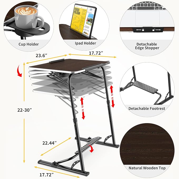 Upgraded Folding TV Tray Table, Sturdy Couch & Dinner Laptop Table | Adjustable Height & Angle Portable Desk for Eating, Work & Recliner; Includes Footrest, Cup Holder, iPad Holder, Edge Stopper - Image 2