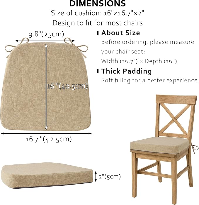 ELFJOY Non-Slip Chair Cushions for Dining Chairs Beige 16.7"x16" | 4 Pack, with Ties and Washable Cover, U Shape, Breathable Fabric, for Kitchen Dining Office Folding Chairs，Comfortable - Image 3