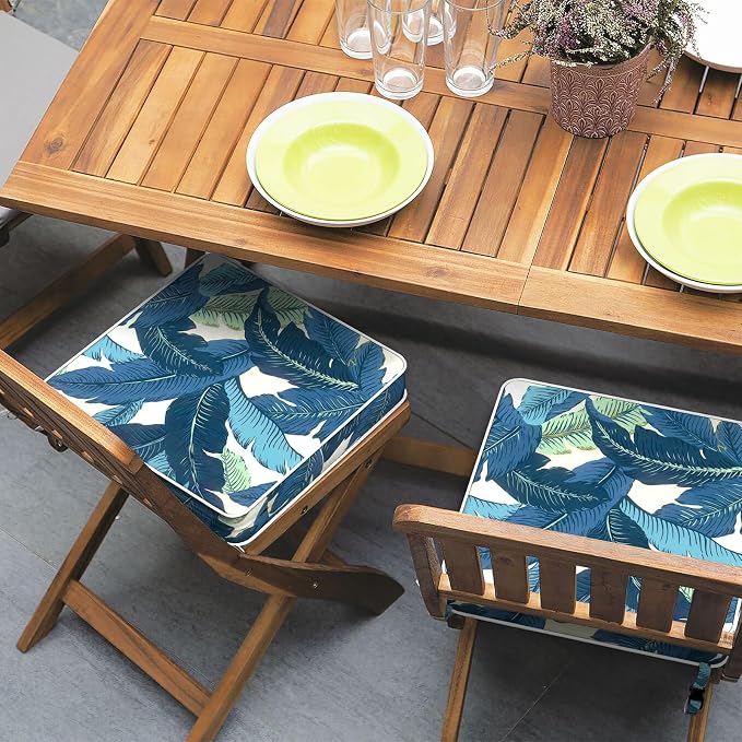 Patio Chair Cushions 19 x 19 x 3 Inch, Outdoor Cushions for Patio Furniture, Water Repellent Outdoor Seat Cushions with Straps Garden Sofa Couch Pads, Set of 2, Swaying Palms Blue - Image 2