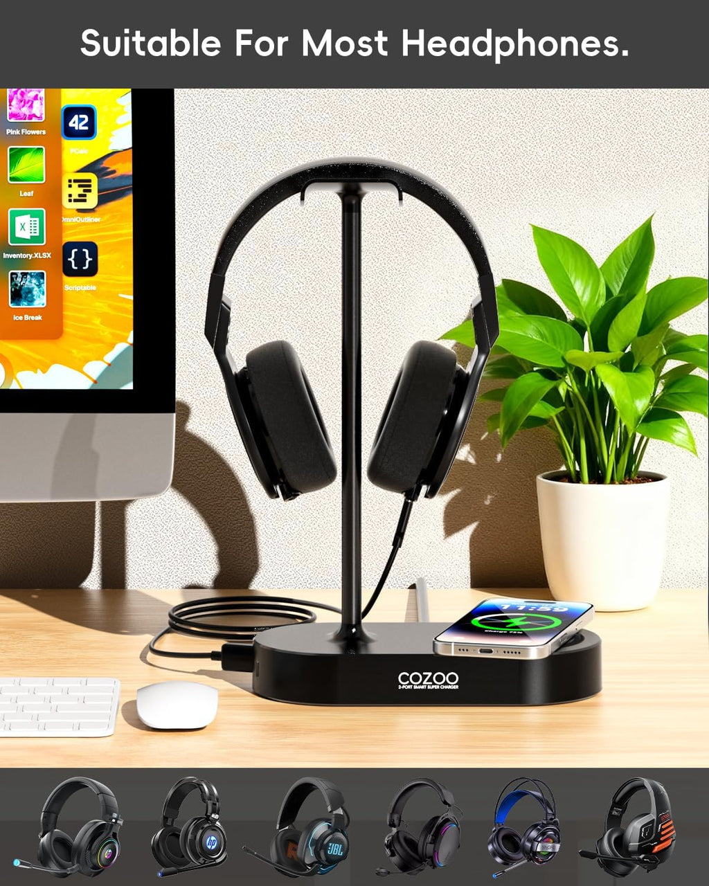 Headphone Stand with Fast Wireless Charging Pad and 2 USB Charging Ports, Suitable for Gaming, DJ, Wireless Earphone Accessories - Image 4