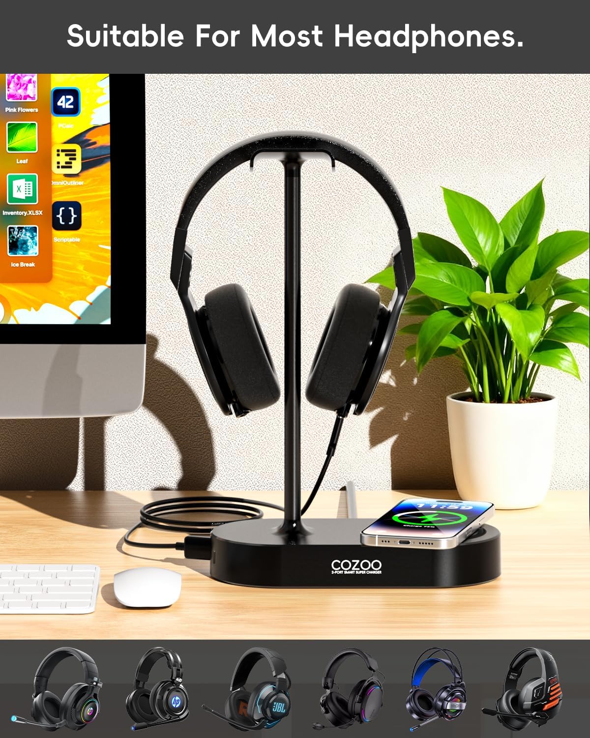 Headphone Stand with Fast Wireless Charging Pad and 2 USB Charging Ports, Suitable for Gaming, DJ, Wireless Earphone Accessories - Image 4