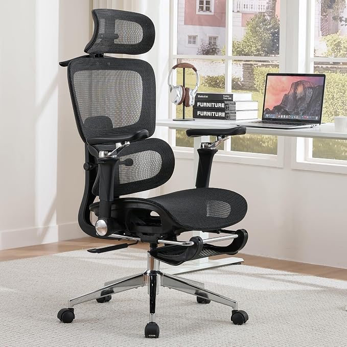 Mesh Ergonomic Office Chair with Footrest,Black | 6D Armrests,High Back Mesh Gaming Chair with Lumbar Support,Adjustable 3D Headrest for Home Office Desk Chair by hujusko