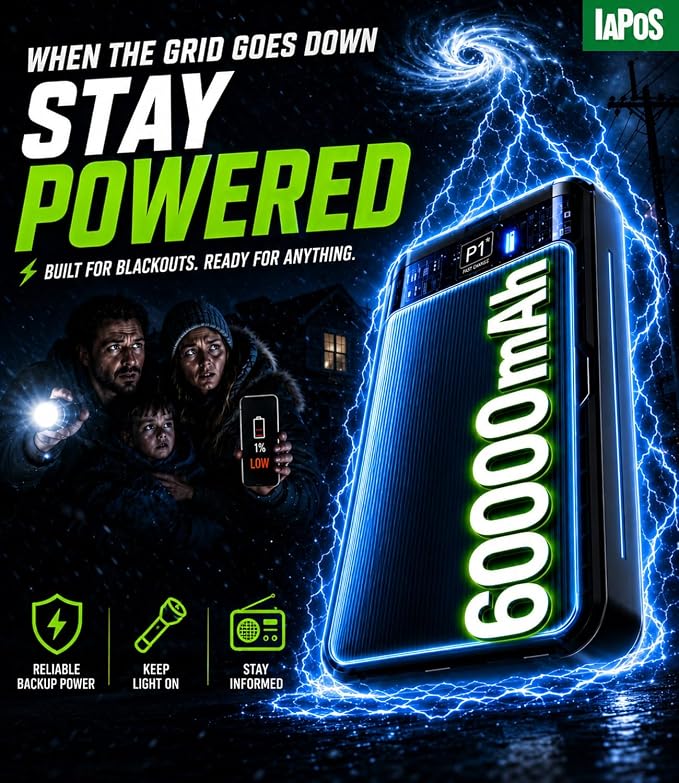 IAPOS Portable Charger 60000mAh, 5-Device Charging Power Bank Battery Pack | 22.5W PD Fast Charge, 3-in-1 Cable(USB-C/iOS/Micro-USB), High-Capacity, LED Display, for iPhone/iPad/Android, Camping/Outdoor - Image 2
