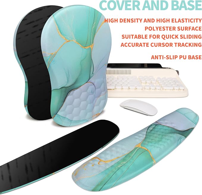 2-in-1 Ergonomic Set, Wave Rise Keyboard Wrist Rest and Massage Bulge Slope Mouse Pad Wrist Support, Cushion Memory Foam Integrated to Relieve Wrist Pain, Blue Gold Marble - Image 6