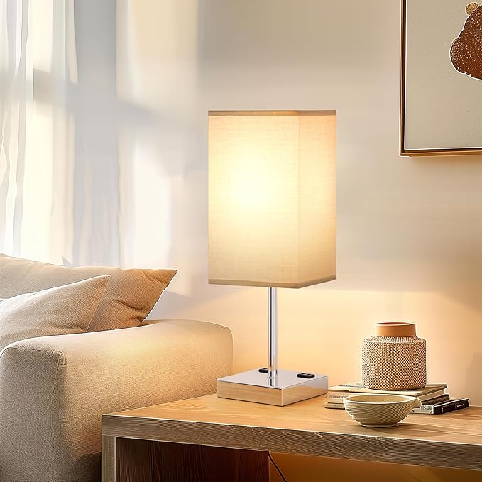 17.4" Grey Touch Table Lamp for Bedroom - Dimmable, USB C+A, 2 AC Outlets | 3-Way Dimming, 3000K Bulb Included, Square Grey Lampshade and Silver Base, Desk Lamp for Nightstand, Living Room, Dorm - Image 2