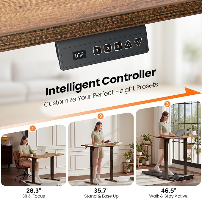 CubiCubi Electric Standing Desk 48 x 24 Inch, Height Adjustable Sit Stand Desk with Memory Presets, Splice Desktop Computer Desk for Home Office, Black Frame/Vintage Brown Top - Image 6