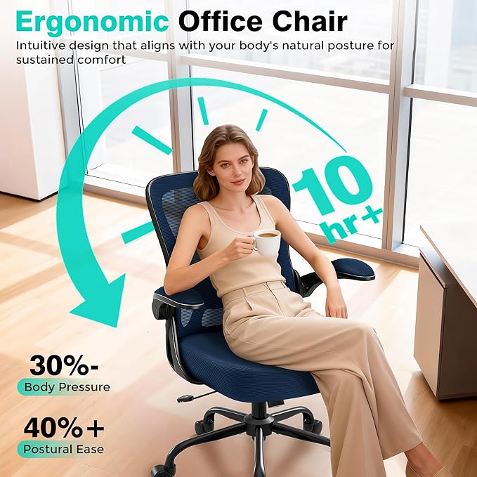 Office Chair - Ergonomic Breathable Mesh Desk Chair with Adjustable Lumbar Support and Flip-up Armrests - Executive High Back Rolling Swivel Comfortable Computer Gaming Chair for Home Office - Image 5