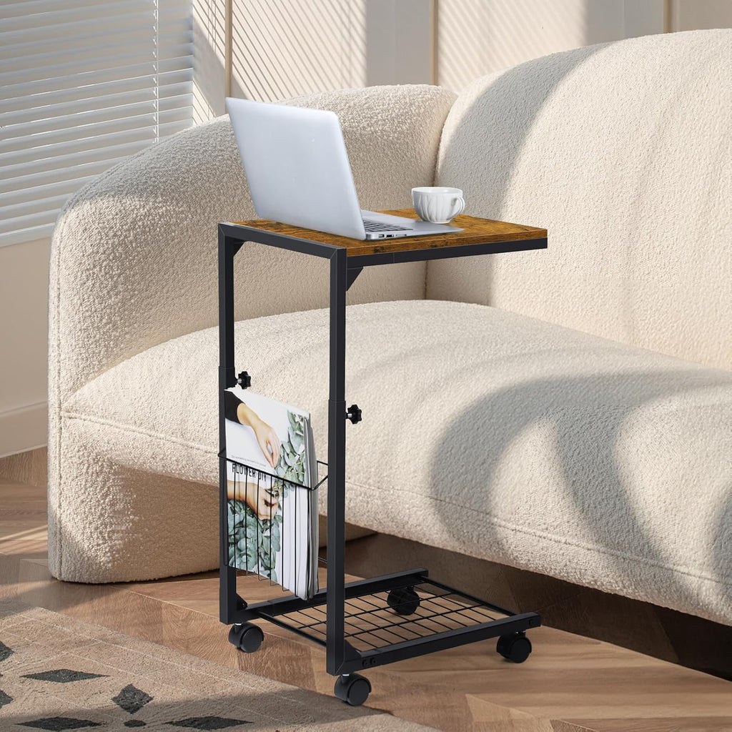 C Shaped Side Table Small End Table with Wheels Slide Under Couch Table for Sofa C Table with Metal Frame Adjustable Height Sofa Table for Living Room Bedroom Small Space, Rustic Brown - Image 7