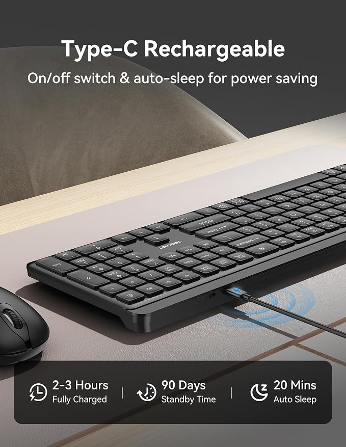 TECKNET Bluetooth Keyboard Rechargeable, 2.4G Wireless Keyboard Full Size | Quiet Typing, Ergonomic Cordless Silent Computer Keyboard, Spill-Resistant,, Stable Connection for PC/Laptop/Computer - Image 3