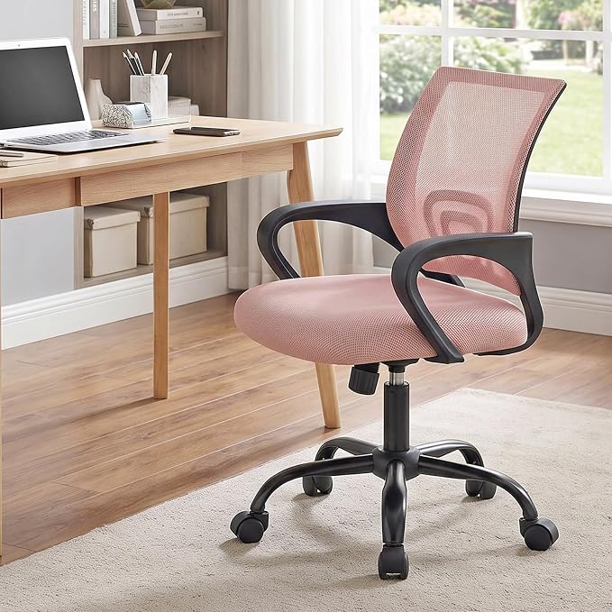DUMOS Ergonomic Office Chair, Executive Desk Chair with Lumbar Support | Mid Back, Breathable Backrest, Fixed Armrest, Height Adjustable, 360° Swivel, Computer Gaming, Meeting, Pink - Image 8