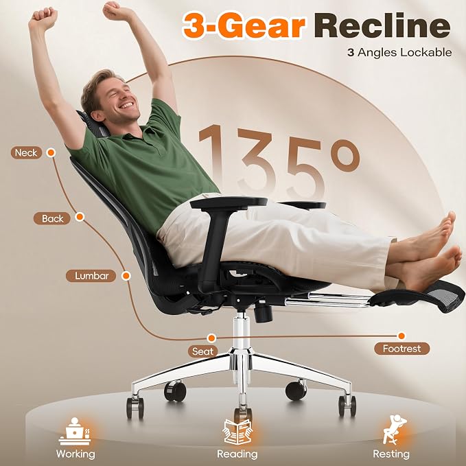 Ergonomic Office Chair with Footrest, 135° Reclining Desk Chair with Adjustable Lumbar Support,3D Armrest,Headrest & Large Steel Base, 300LBS Heavy Duty Mesh Chair - Image 4
