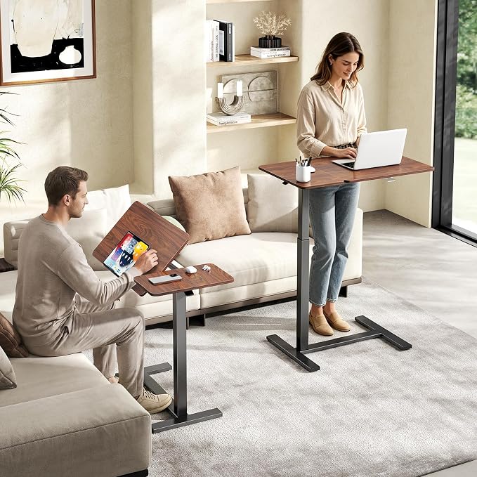 DUMOS Standing Desk with Wheels, Rolling Desk, Laptop Table | Adjustable Height, Portable Computer Workstation, Tilting Desktop, Home Office Classroom Bedside, Brown - Image 2