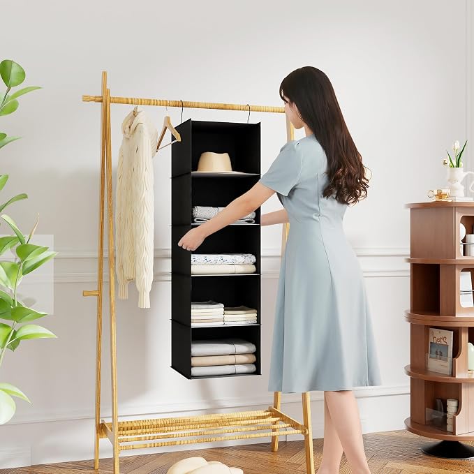 Hanging Closet Organizer 5-Shelf, Oxford Fabric Wardrobe Storage, Black | Easy-mount foldable design holds clothes, handbags, shoes & accessories; washable Oxford fabric, sturdy and space-saving. - Image 2