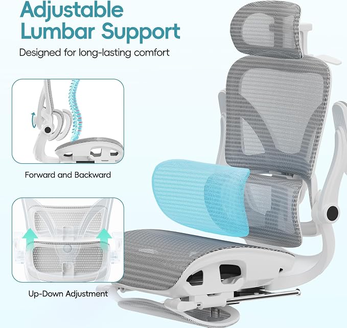 Ergonomic Office Chair, Home Office Desk Chairs with Adjustable Lumbar | Allion Ergonomic Mesh Computer Gaming Chairs with 3D Headrest, Flip-up Arms, Big Tall Reclining chair for Men Women, Grey - Image 4